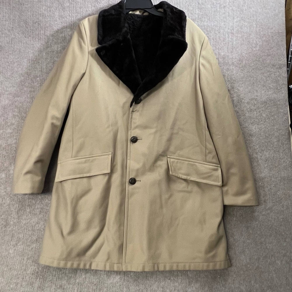 Sears Vintage Men 42 Tall Tan Over Coat Faux Fur Collar‎ Dress Coat Mid Length